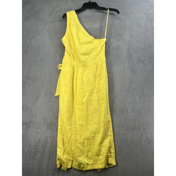 Anthropologie One-Shoulder Linen Dress Size 10 Yellow Wrap Dress - Picture 6 of 11